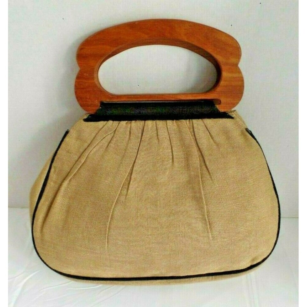 Fabindia Purse Vintage 80s Tan Fabric Embroidered Floral Wooden Handles - Picture 4 of 6